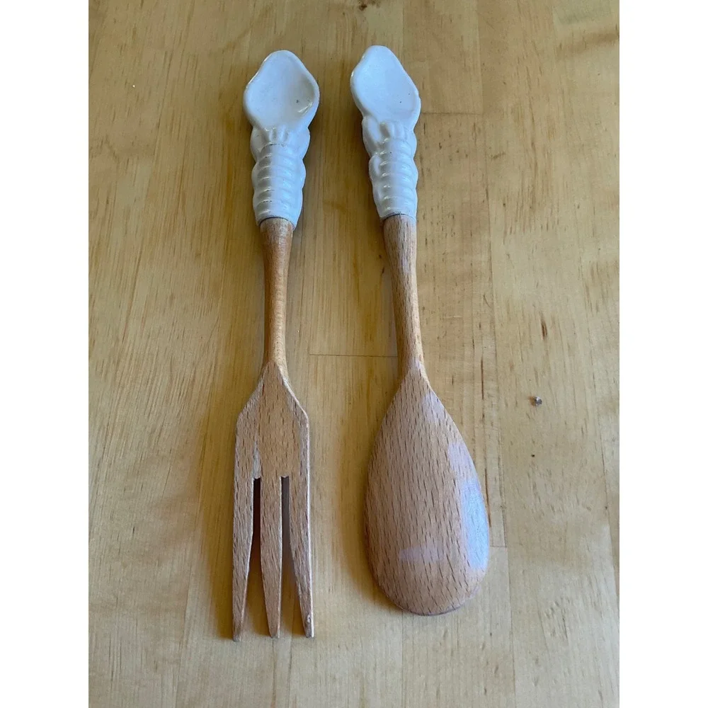 Hand Painted Ceramic Handle Wooden Salad Server Set Blue Floral Fork and Spoon
